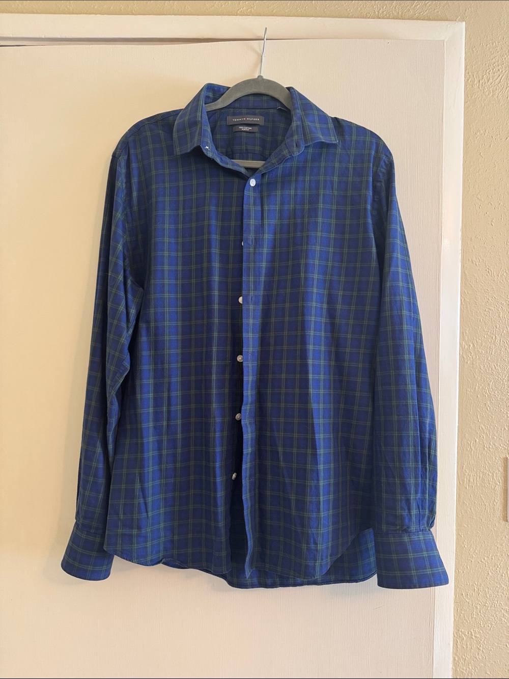 Tommy Hilfiger Navy and Green Plaid Button-Down Shirt L (large 34/35)
